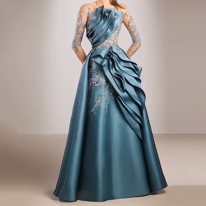 Robe de soirée sirène personnalisée simple longueur au sol col rond manches longues bal fleurs plissées drapée occassions spéciales mariage cérémonie remise de diplôme soirée festive