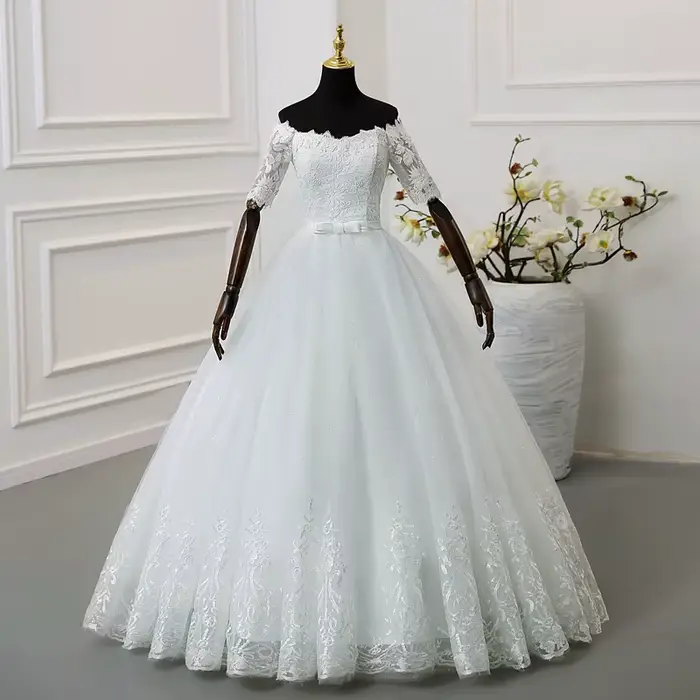 Robe de Mariée en Dentelle Brodée, Demi-Manches, Sexy, Col Bateau, Épaules Dénudées, Nouvelle Collec