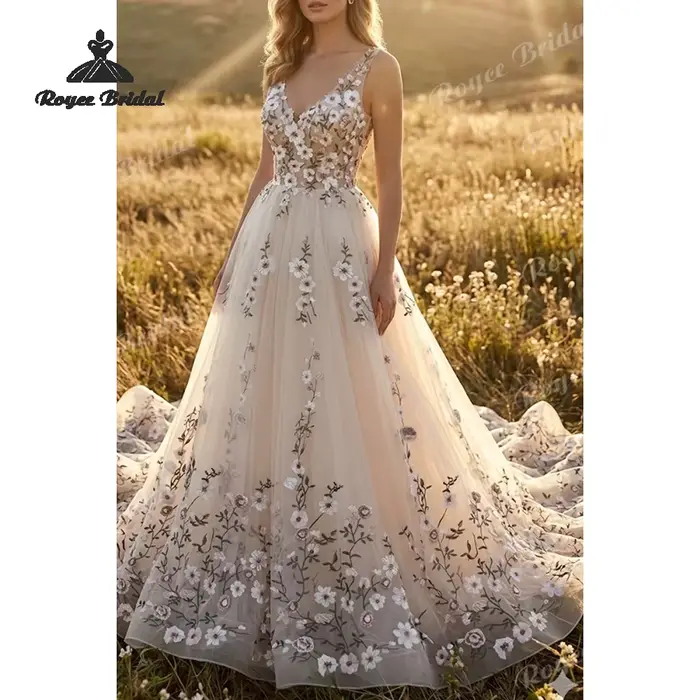 Robe de mariée en mousseline de soie avec motifs floraux forestiers, coupe trapèze, épaules dénudées, brodées, personnalisables, idéales pour les mariages traditionnels ou de plage