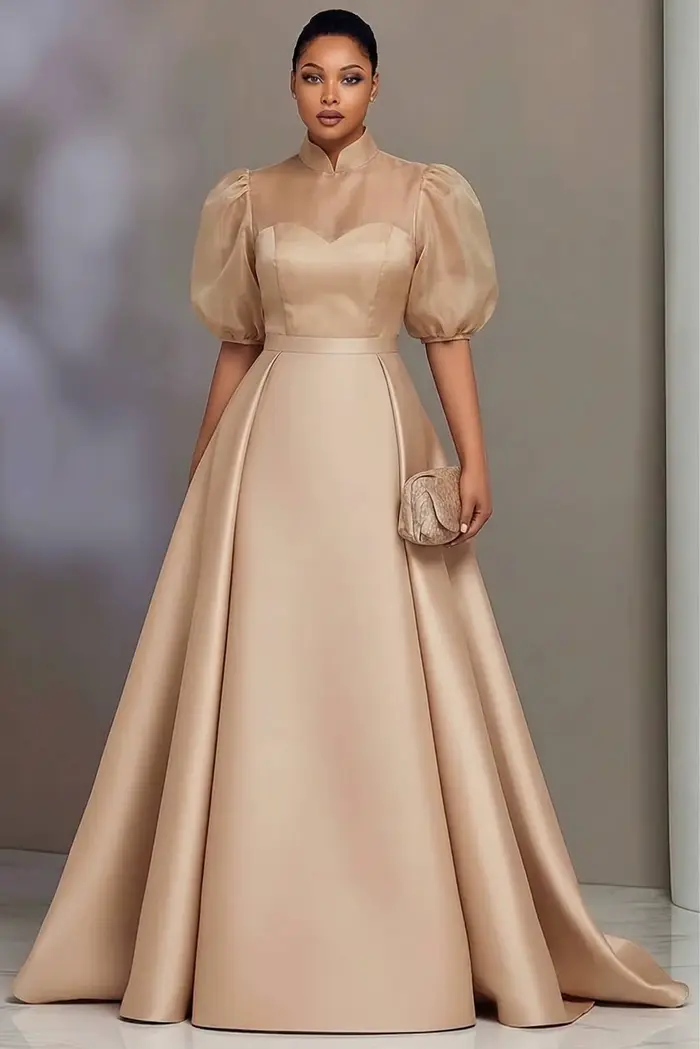 Robe de soirée formelle grande taille pour femme en satin, coupe trapèze, col montant, manches bouff