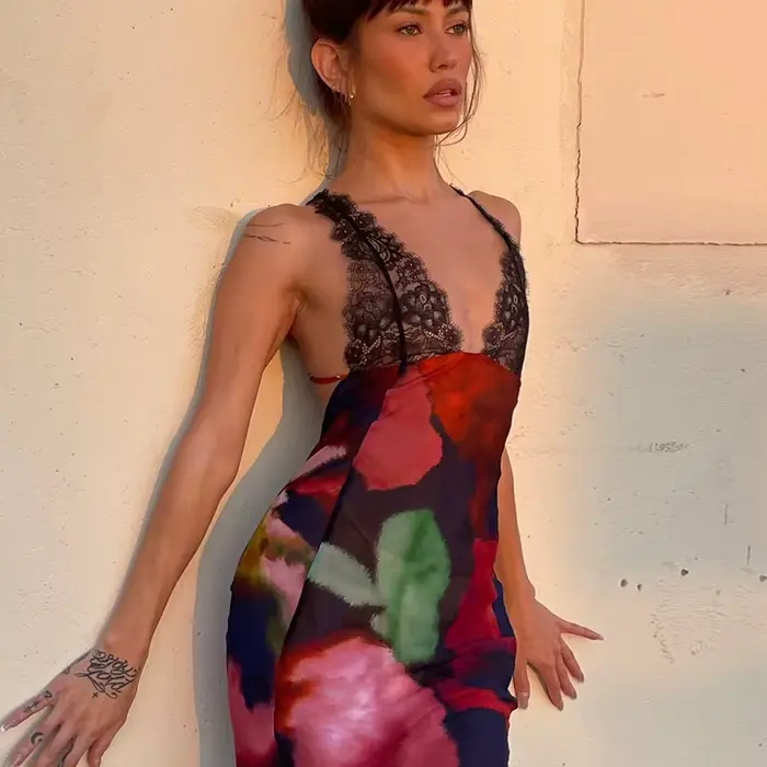 Robe queue de poisson INPETAL élégante pour femmes dos nu sans manches longue moulante coupe ajustée imprimée pour soirées et cérémonies spéciales