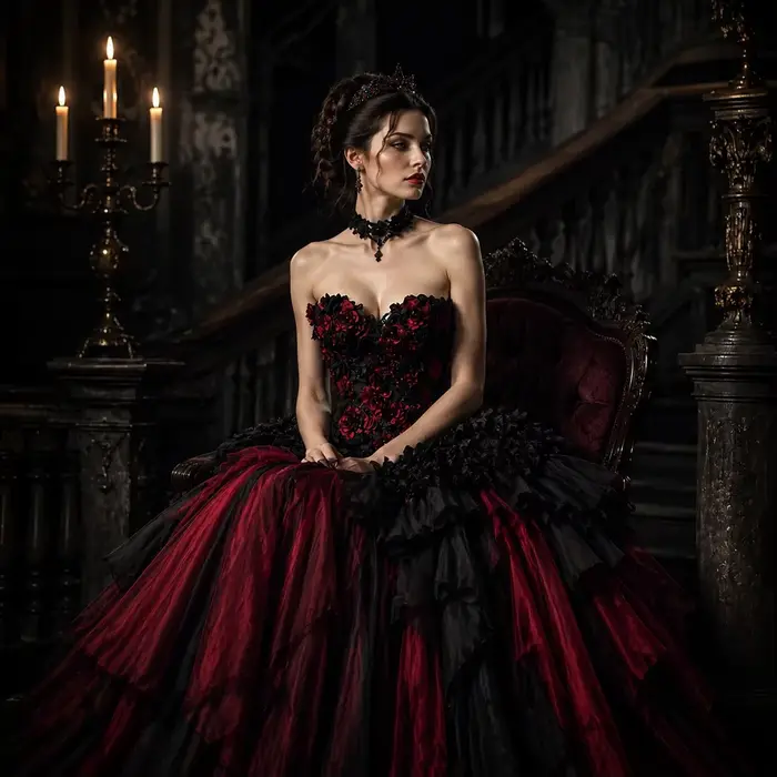 Robe de mariée gothique noire et bordeaux avec fleurs roses et volants