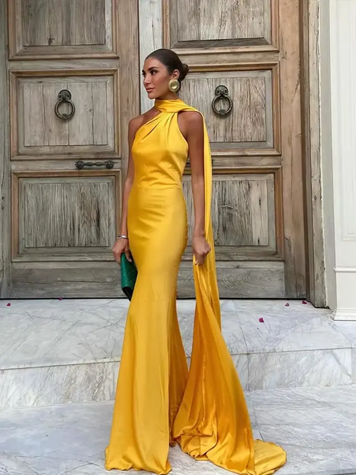 Robe longue dos nu à lacets pour femmes maxi collicollier écharpe couleur unie sans manches tenue de soirée nouvelle collection 2024