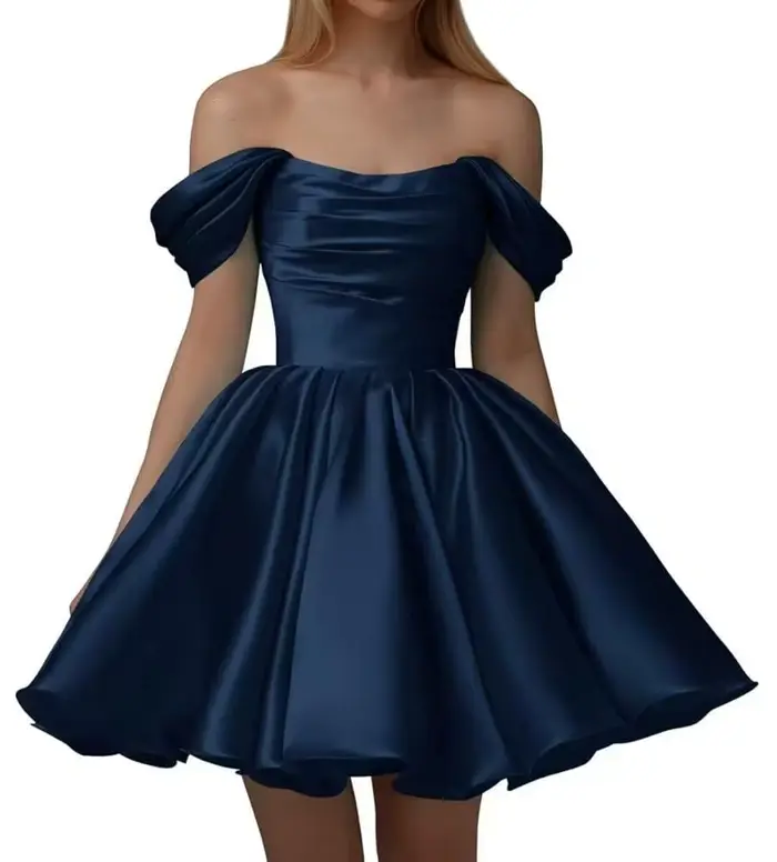 Robe de mariée courte élégante JIERUIZE en polyester satiné pour femmes, hors de l'épaule, silhouette en une ligne, décolleté Mon Amour, confectionnée pour les occasions spéciales et soirées inoubliables