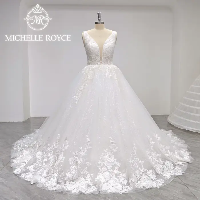 Michelle Royce-Robe de mariée en dentelle scintillante pour femmes, robes de Rhsexy, col en V profon