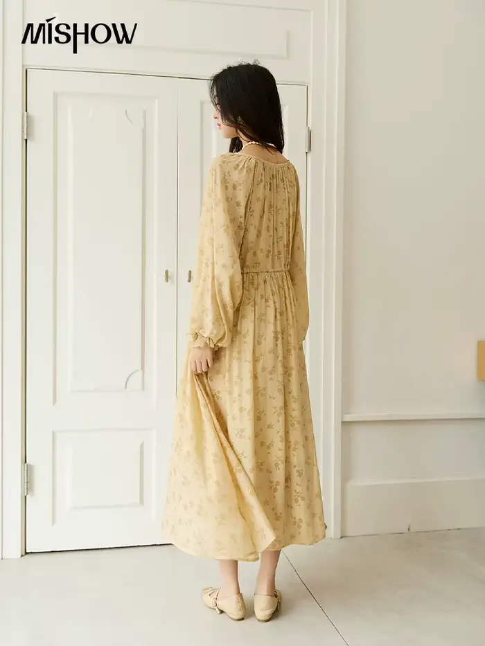MISHOW jaune impression robe pour femme 2025 automne élégant dentelle lanterne manches taille mince longue