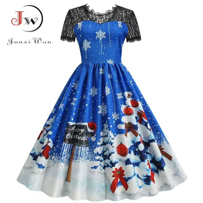 Robe de Noël pour femme élégante vintage taille haute décontractée imprimée en dentelle pour soirée festive et cérémonie d'hiver