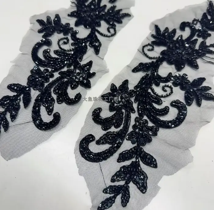 Accessoires de robe en maille de perles noires et champagne, appliques de corsage de dentelle décoratives, perles initiées trempées, miroir, 2 paires