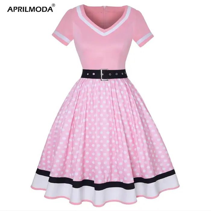 Robe de soirée vintage avec ceinture imprimée à pois, manches courtes, style Rockabilly Pin-Up années 50 et 60 pour femmes grandes tailles occassions spéciales