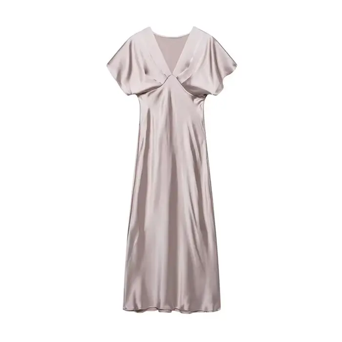Robe longue en Satin élégante pour femmes, col en v, manches courtes, taille haute, Robes de soirée,