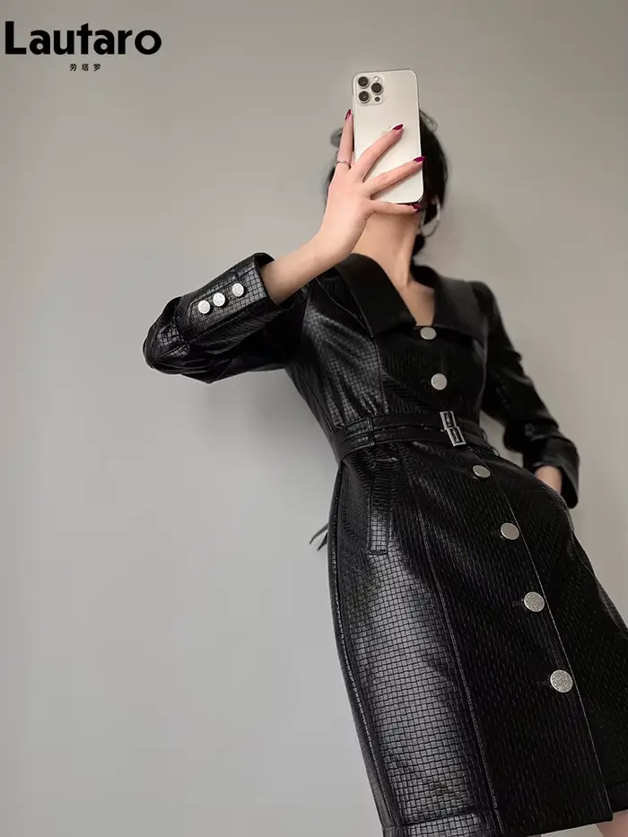 Lautaro-Robe cintrée en cuir PU vichy noir pour femme