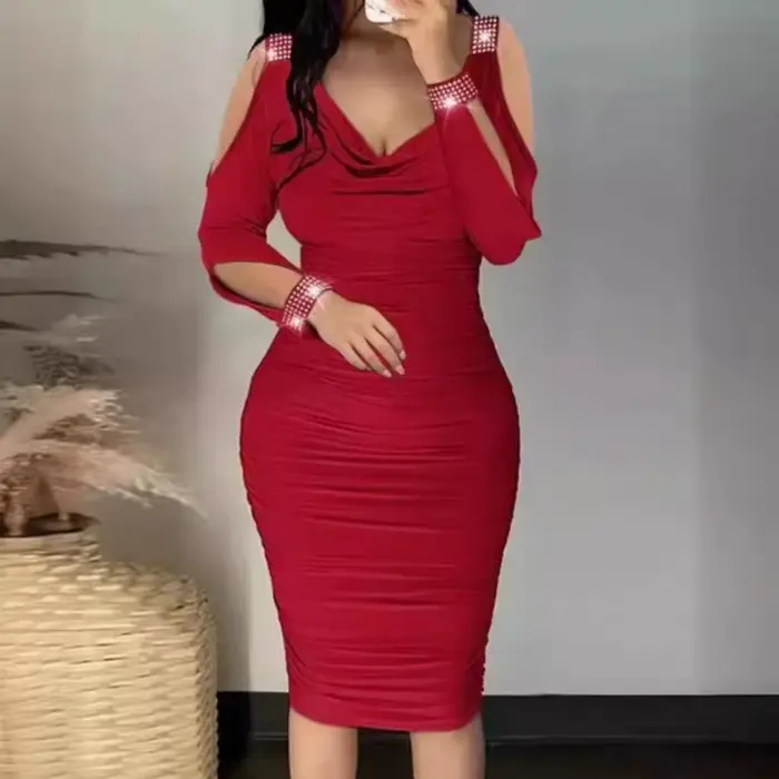 Robes serrées dames Sexy mode couleur unie vêtements col en v femmes plissé enveloppes hanches diama