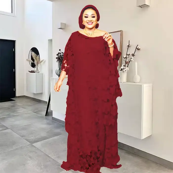 Femmes Robe en dentelle ample fête longue avec doublure col rond poignet manches chauve-souris mode 