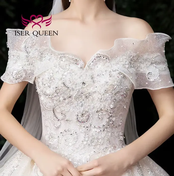Robe de mariée de campagne exquise épaules dénudées tulle brillant perles princesse bal col V manches courtes soutien-gorge intégré longueur sol occasions spéciales