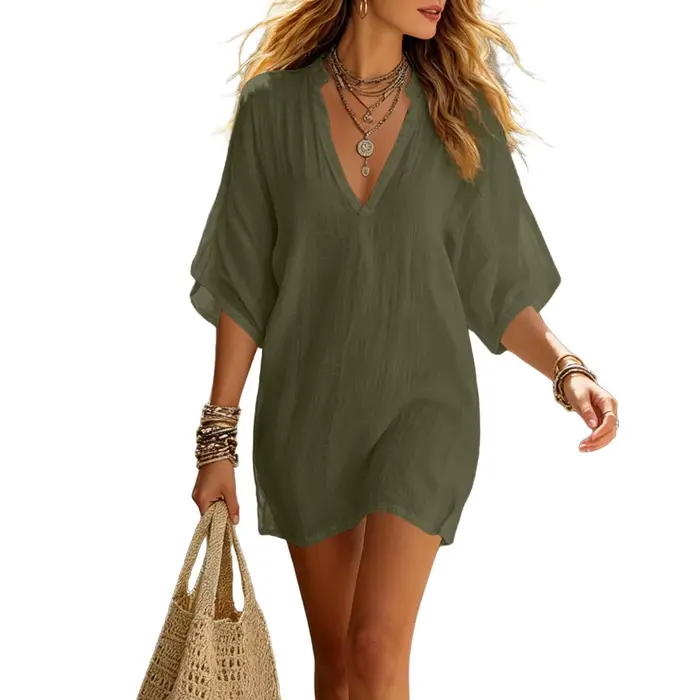 Nouvelle Robe d'été Bohème pour Femme, Col en V, Manches 3/4, Coupe Ample, Robe de Plage, Couleur Un