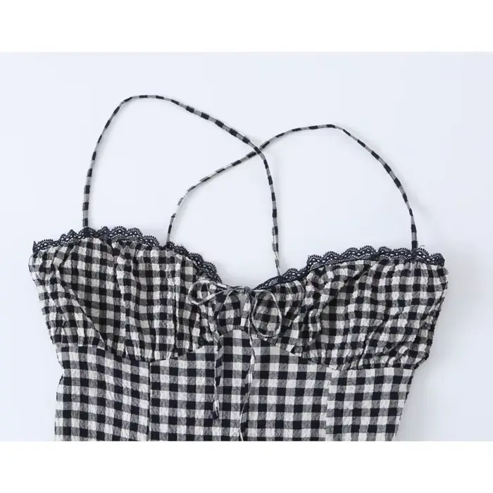Robe midi élégante à carreaux pour femme printemps été sans manches large bretelles occassions spéciales femmes occasions hipseam polyester