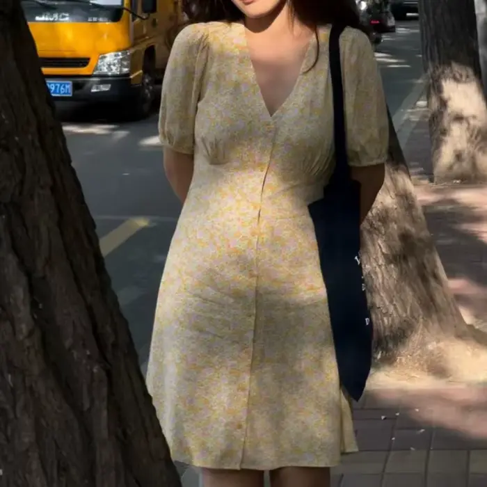 Robe mi-longue à manches courtes et col en V pour femmes, vêtements élégants, vintage, imprimé flora