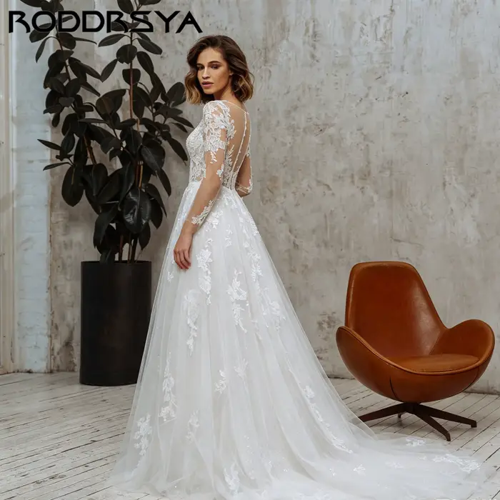 RODDRSYA Robe de mariée bohème coupe A appliques tulle illusion