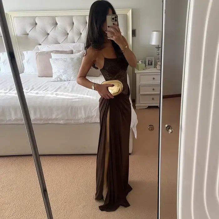 Nouvelle Robe Longue de Soirée Sexy Marron pour Femme