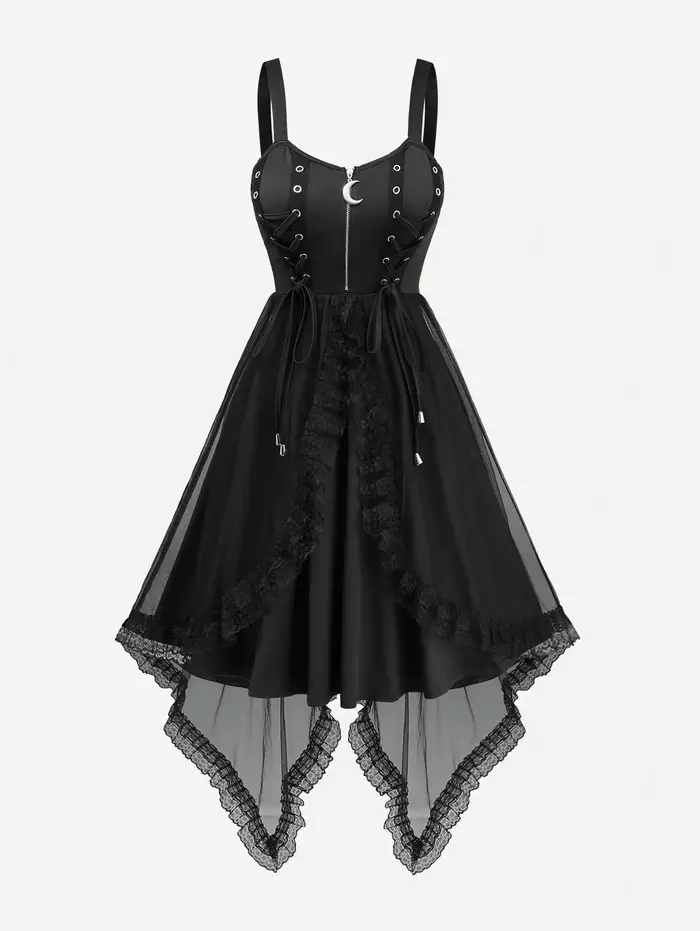 Nouvelles robes noires pour femmes, printemps-été, avec lacets, œillets, fermeture éclair, dentelle 