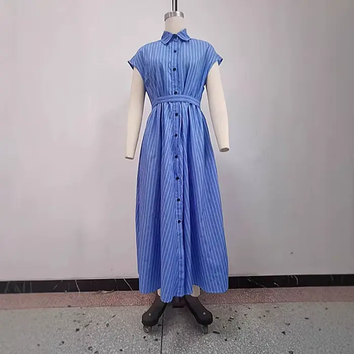 Robe longue femme coupe trapèze col rabattu manches courtes rayée élégante simple boutonnage polyester pour le travail printemps occasions spéciales