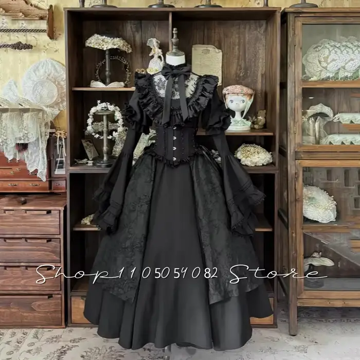 Robe de bal gothique médiévale noire à manches longues, évasée, en dentelle, à volants, corsetée, co