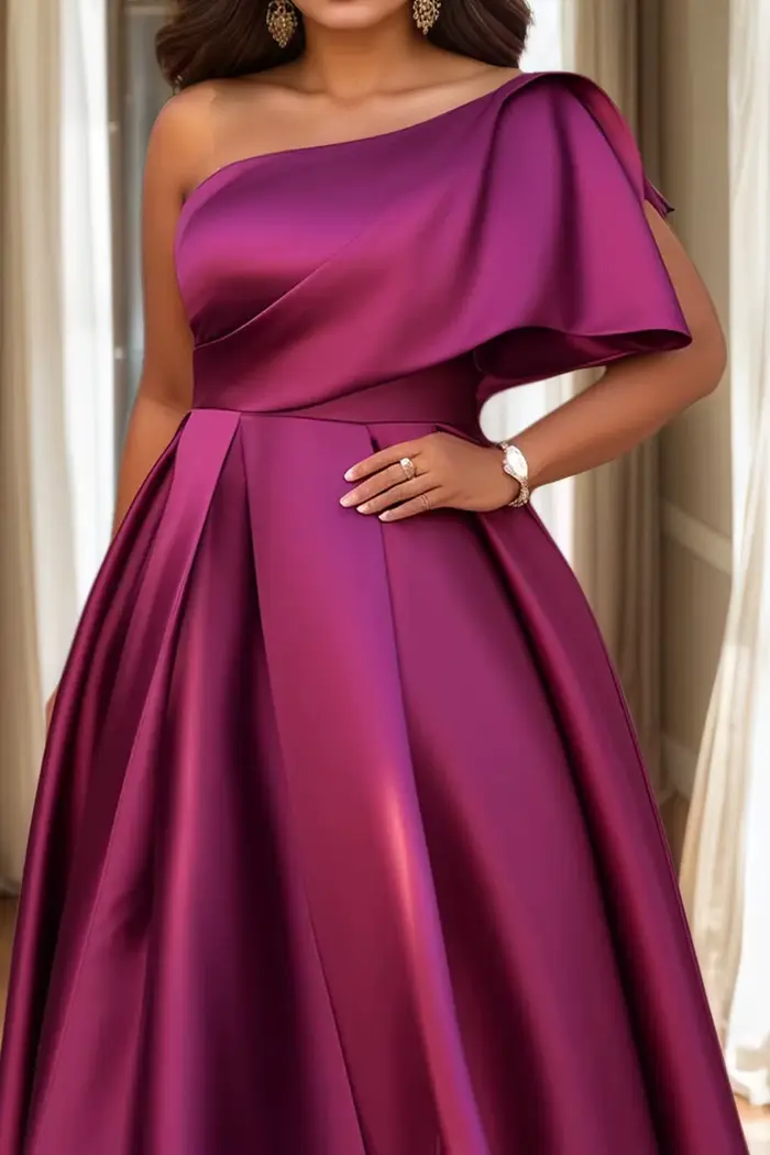 Robe de soirée grande taille pour femmes avec manches asymétriques plissées, ligne A, élégante, pour invités de mariage, robes Maxi de Cocktail, épaules dénudées, silhouette Empire, polyester de haute qualité