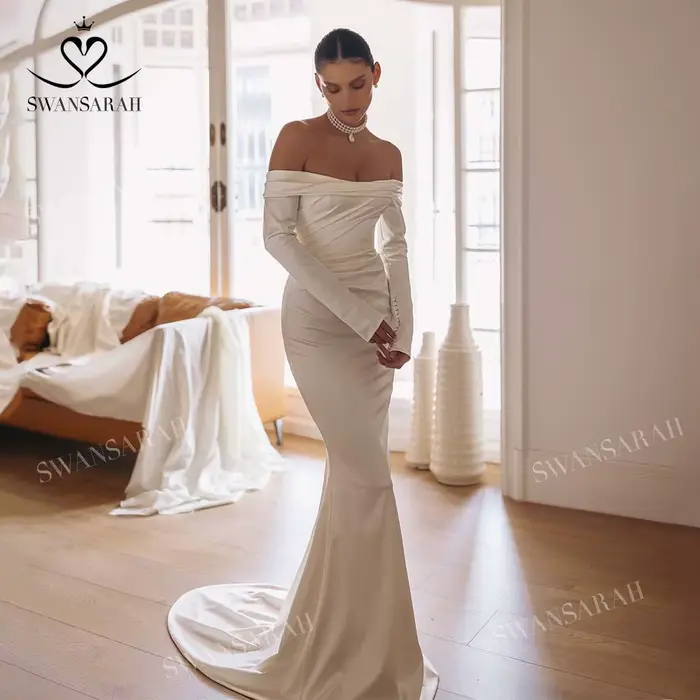 Robe De mariée sirène en Satin, épaules dénudées, manches longues, Chic, princesse, SwanSarah W260,