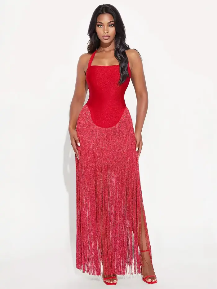 Robe Femme 2025 Style Européen et Américain Sexy Dos Nu Taille Haute Moulante Tube à Franges