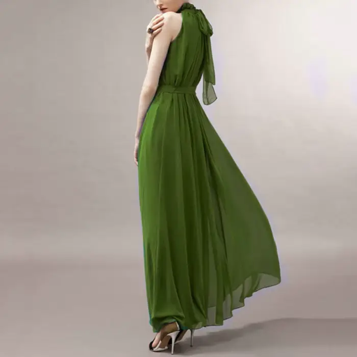 Robe longue sans manches style bohème pour femmes avec col à volants et ceinture ample couleur unie pour soirée fête bal cocktail