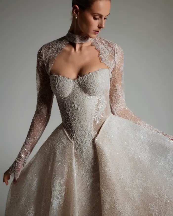Robe de mariée de luxe Sharon Said à col haut et manches longues