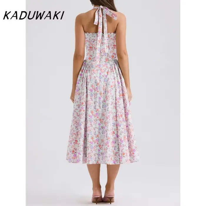 Robe midi KADUWAKI d'inspiration bohème à imprimé floral rose pour femme, sans bretelles, avec fente latérale, corset, robes d'été élégantes pour femmes, robes de soirée