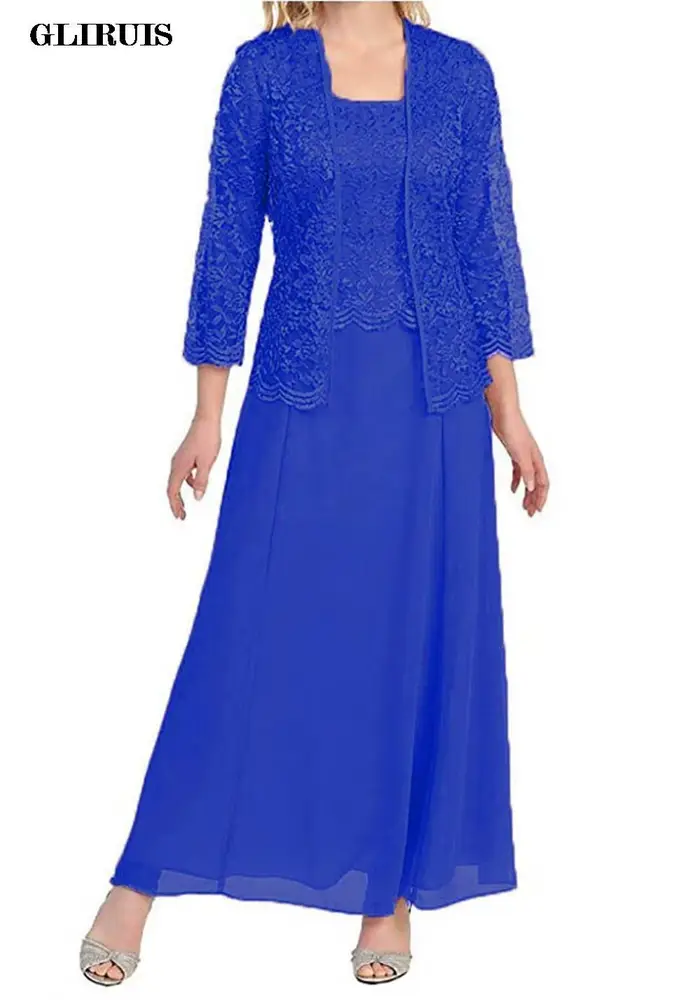 Robe de mère de la mariée en mousseline avec dentelle et veste élégante longueur cheville pour cérémonie de mariage