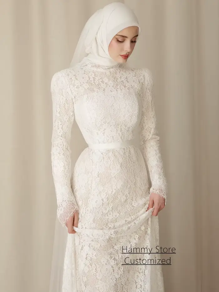 Robe de mariée saoudienne personnalisée, col montant, manches longues, traîne, dentelle, robe de mar