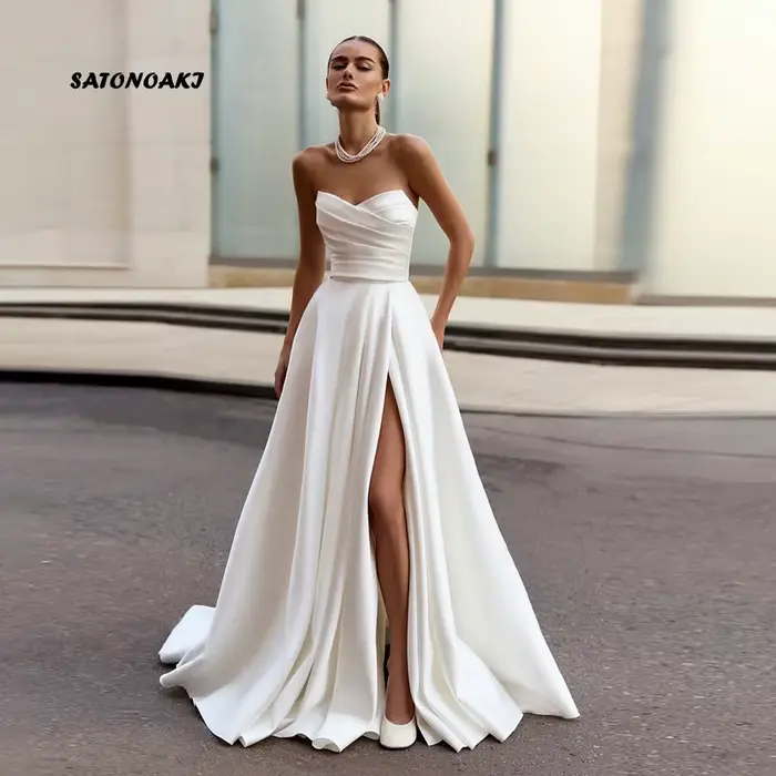 Robe De mariée en Satin blanc, personnalisée, élégante, fendue sur le côté, sans bretelles, ligne a,