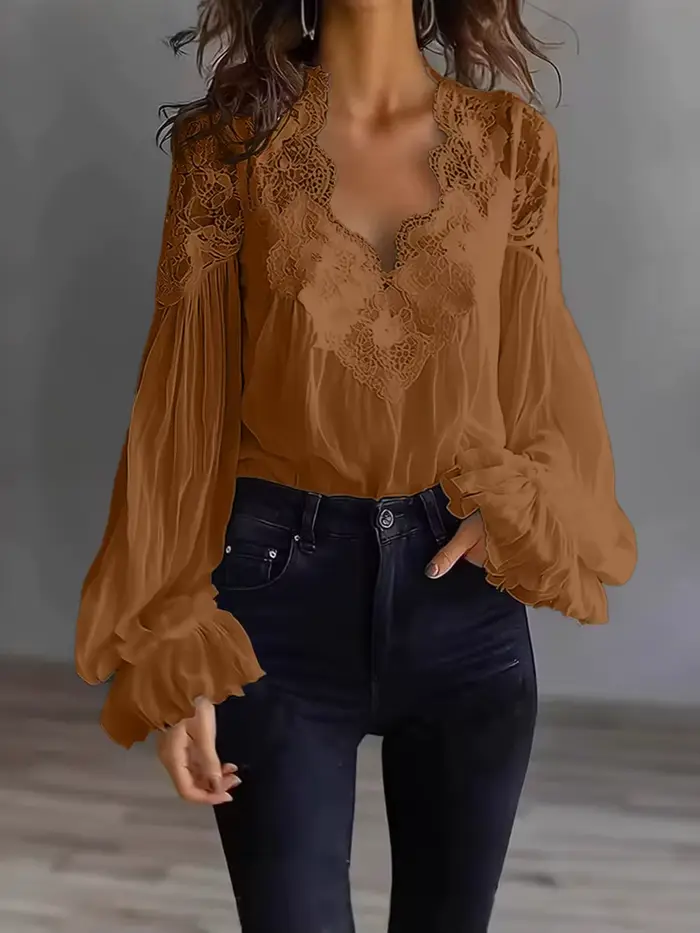 Chemise pour femme élégante noire et blanche avec dentelle et manches lanternes pour occasions formelles et professionnelles