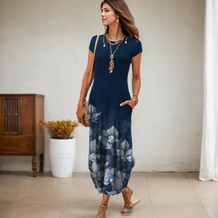 Robe mi-longue à imprimé floral vintage pour femmes, pull à manches courtes, robes longues avec poches, robe d'été de plage bohème, col rond, occassions spéciales, cadeau pour femme