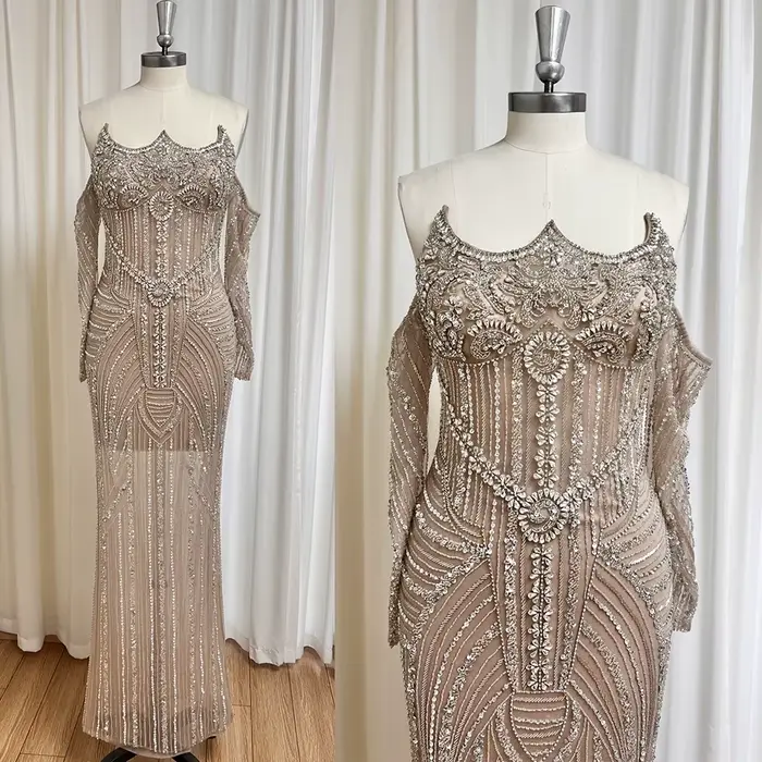 Robe de Soirée Élégante Or Rose Perlée pour Femme Manches Longues 2026 Luxe Dubaï Arabe Formelle Bal de Promo Mariage Fête Personnalisée