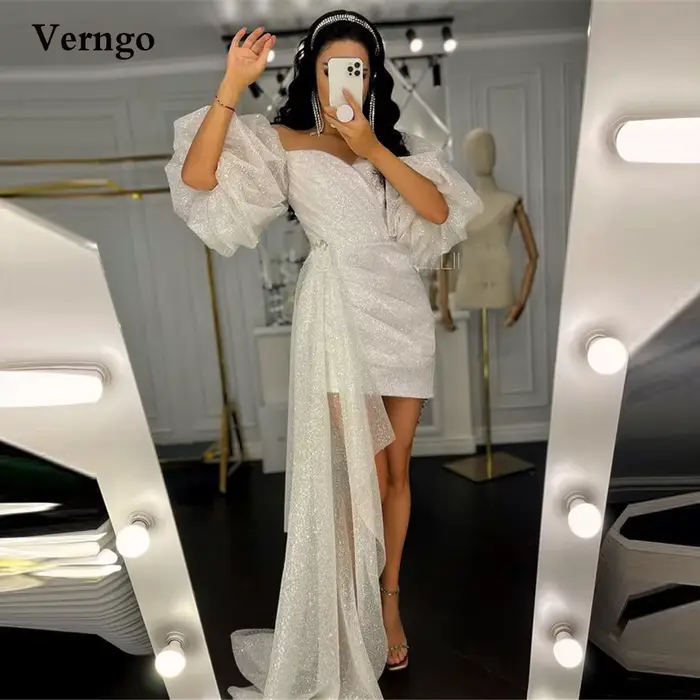 Verngo-Robe de mariée courte scintillante, manches bouffantes, paillettes chérie, robe de soirée de