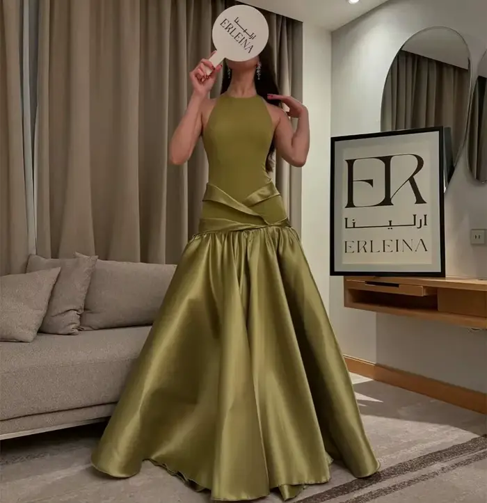 Robe de soirée vert Olive, col licou, ligne a, robe de bal, fermeture éclair au dos, longueur au sol