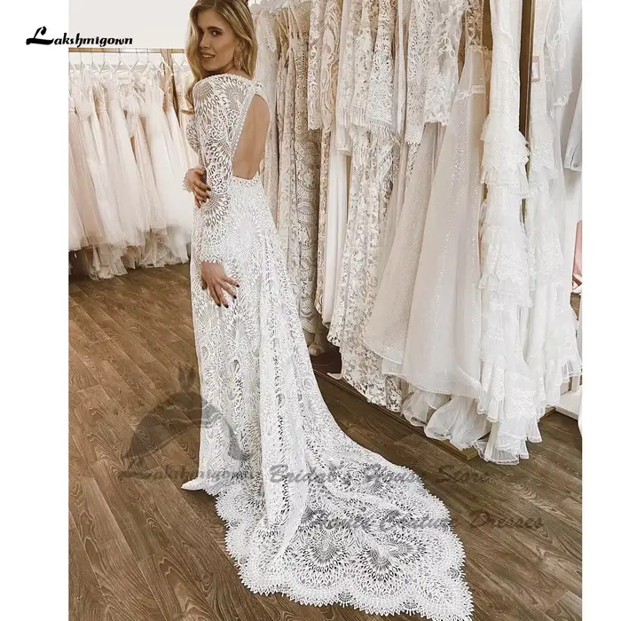 Yanshmigown-Robe de mariée sirène en dentelle bohème de luxe, manches longues, sexy, patients, mariage sur la plage, quelle que soit la robe personnalisée, 2024