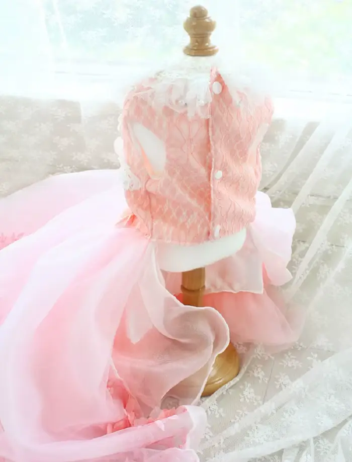 Robe de mariée rose pour chien faite à la main avec jupe brodée de fleurs 3D