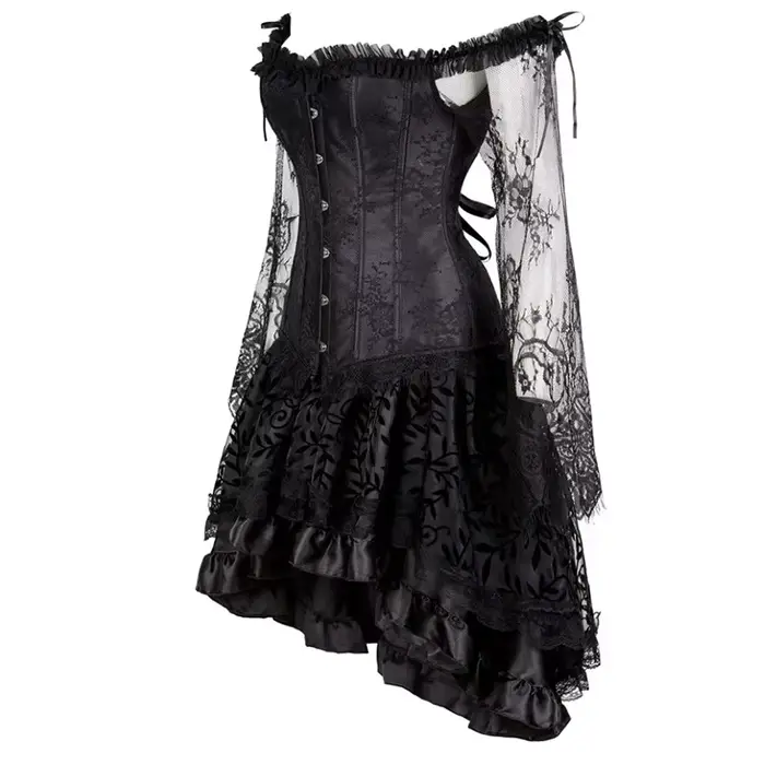 Robe Corset Gothique Florale à Manches Longues et Épaules Dénudées