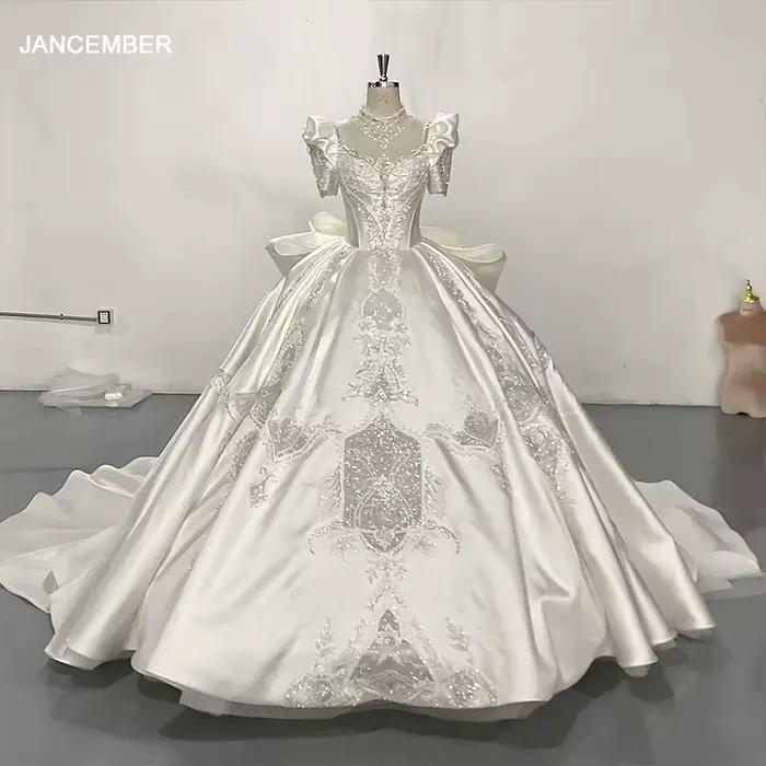 Robe de Mariée en Satin Exquise avec Dentelle, Perles et Cristal pour Femmes Occasions Spéciales