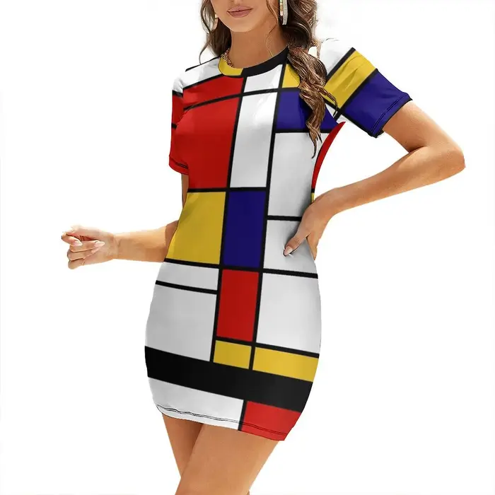 De Stijl-Robe à manches courtes pour femmes, #2, inspiré de Mondrian, élégante et chic, promotion