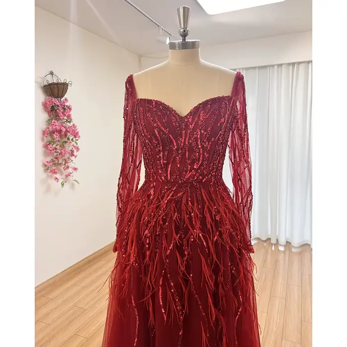 Robe de Soirée Élégante en Plumes pour Femme 2026, Col en V, Perles, Manches Longues, Fente Latérale, Coupe A-line, Robe de Cérémonie Formelle pour Mariage, Bal de Promo, Fête, Personnalisable