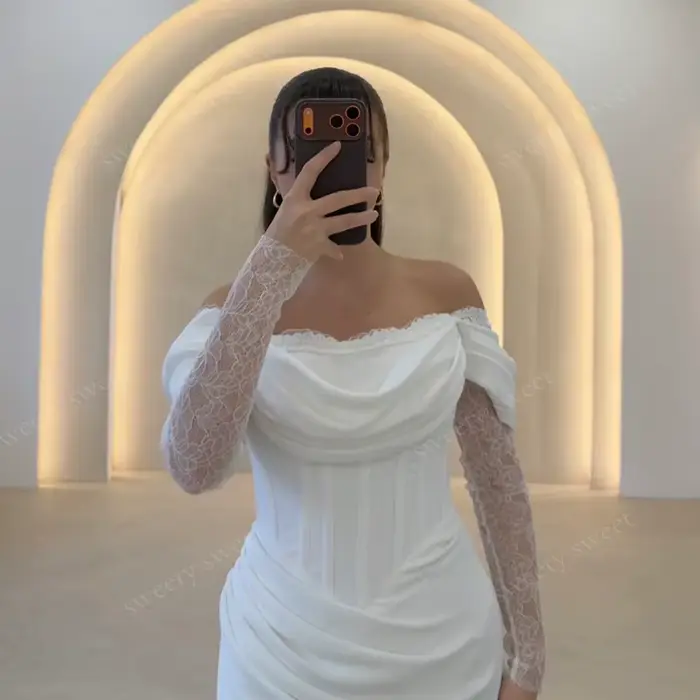 Robe de mariée classique entièrement en satin, style sirène, col carré, manches longues, personnalisable, avec boutons, Vestido De Novia
