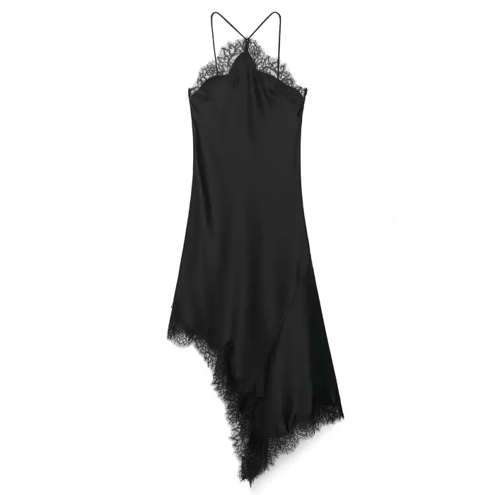 Robe longue en satin HH avec décolleté dos nu et dentelle pour femmes, style asymétrique, sans manches, polyester, pour occasions spéciales et décontraction printemps été