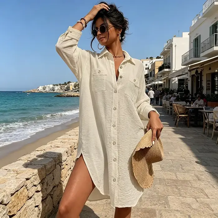 Robe chemise ample pour femme à manches longues et boutonnée.