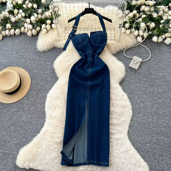 Robe longue en Denim pour femmes, Sexy, col licou, écharpe, Streetwear, portefeuille, hanche, sans m